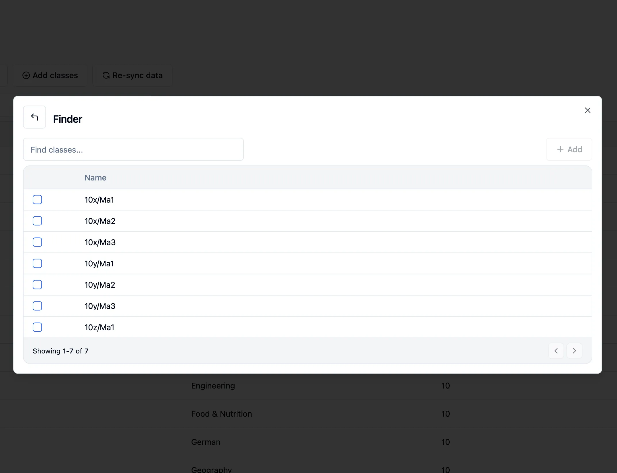 The Finder showing classes for a subject and year group with one selected