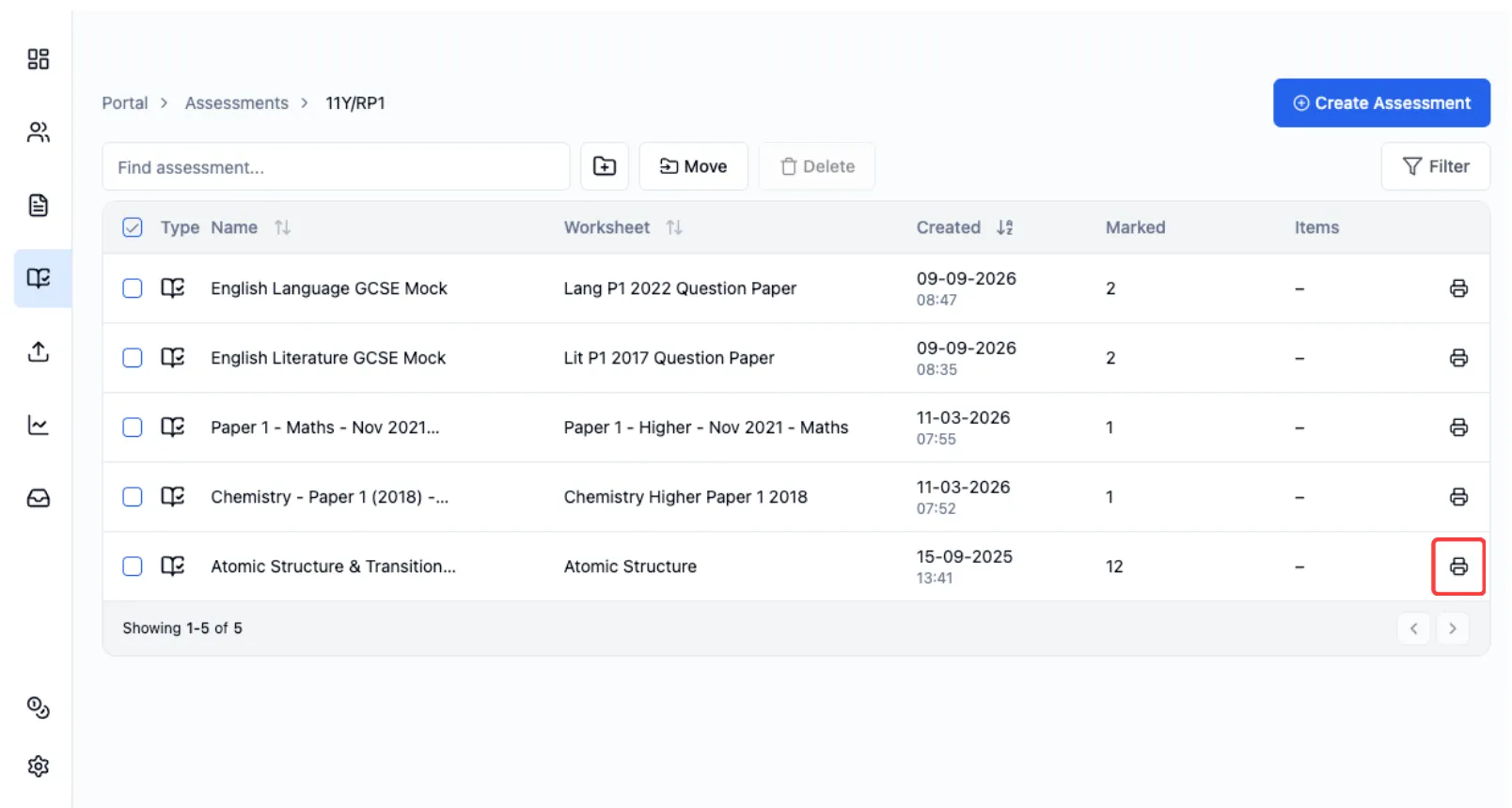 Assessments page with assessments table highlighting the print option