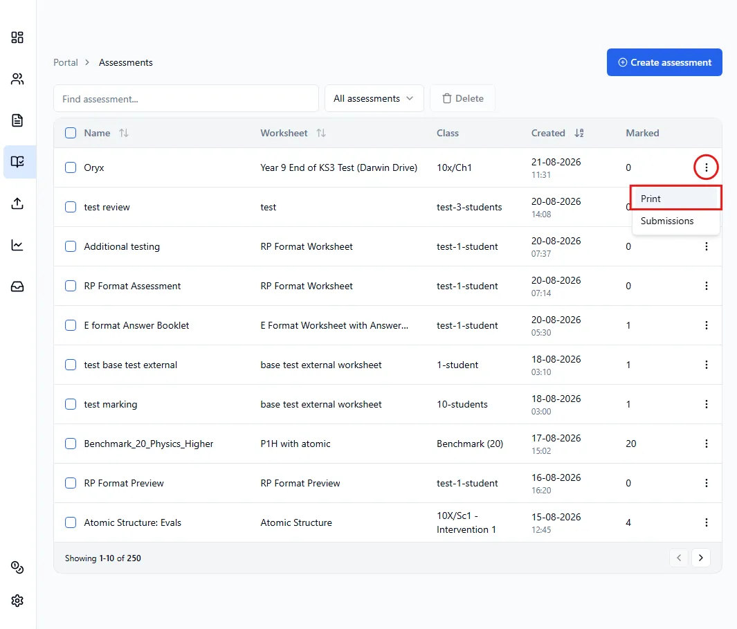 Assessments page with assessments table highlighting the print option