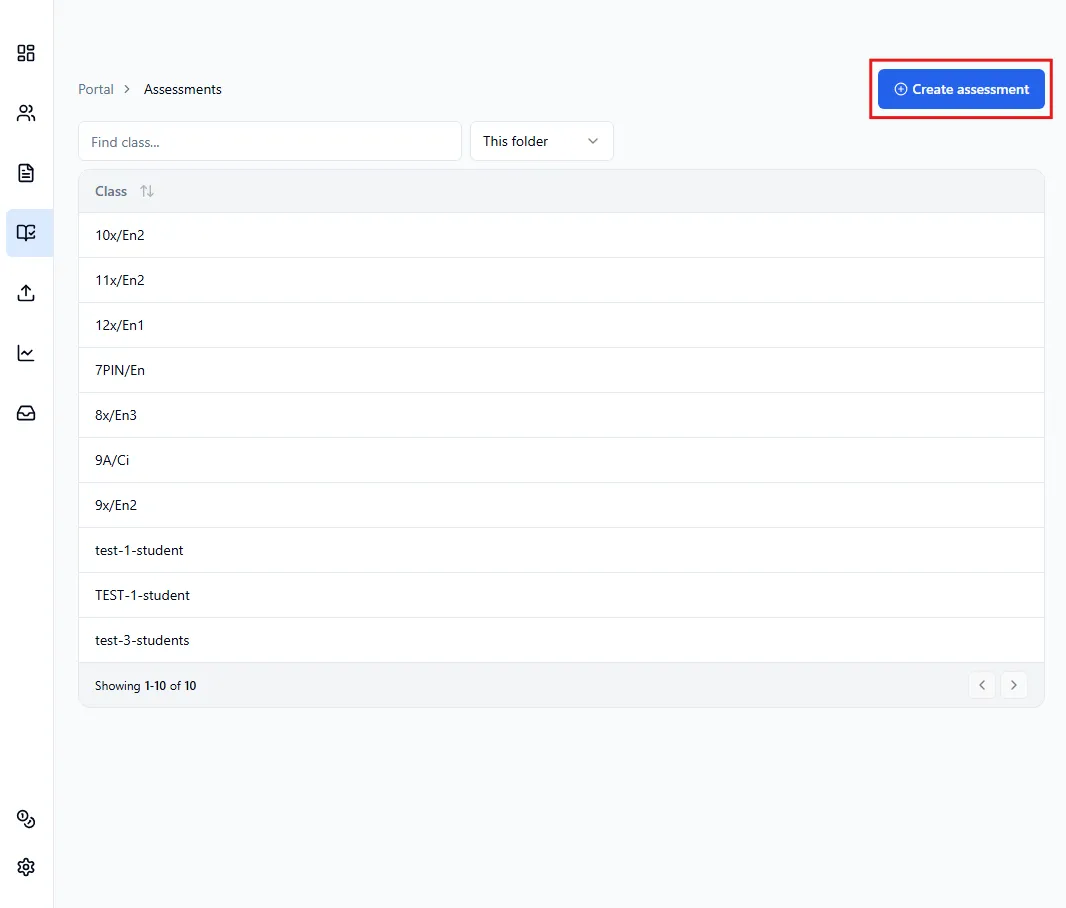 Assessments page highlighting the Create assessment button