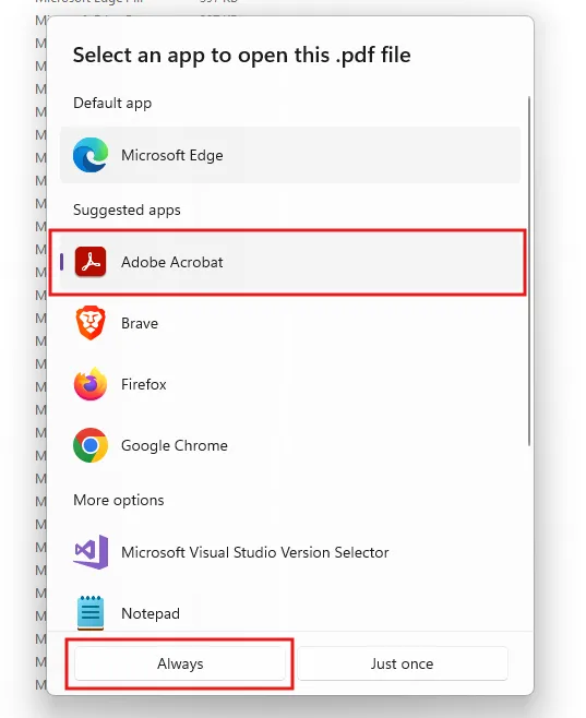 The Select an app to open this .pdf file window with Adobe Acrobat and Always highlighted