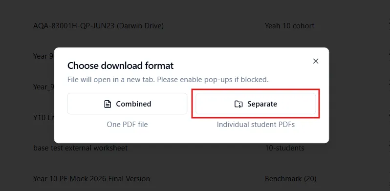 The Choose download format pop-up with Separate highlighted