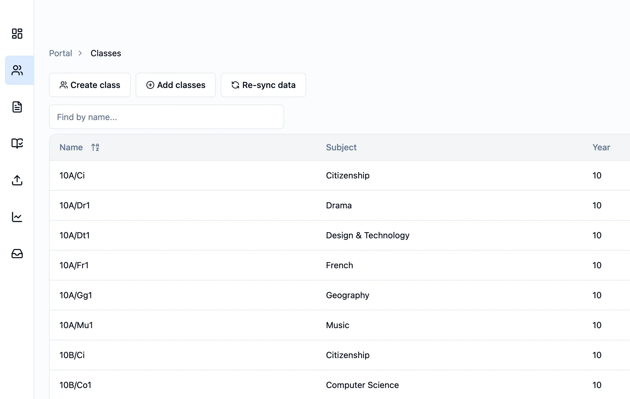 The Classes page listing each class with its subject and year group