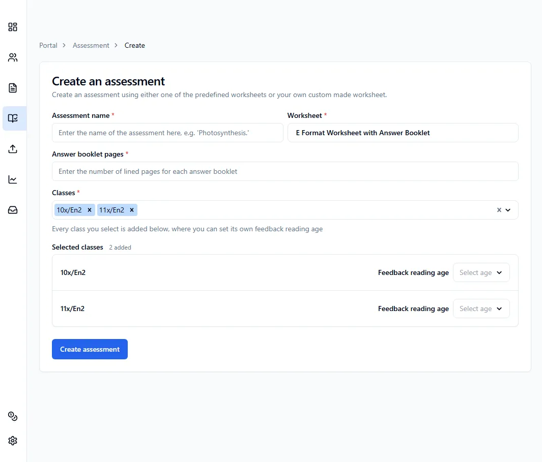 Create assessment page with external format worksheet with answer booklet selected