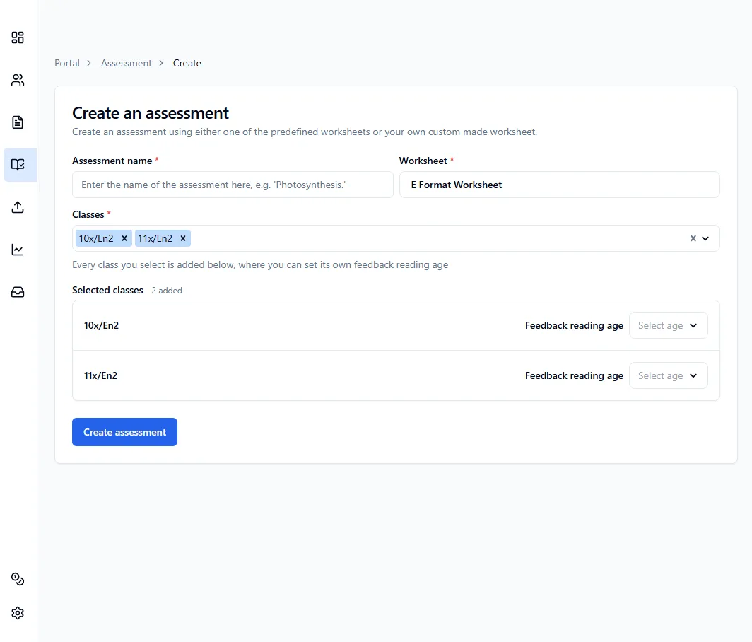 Create assessment page with E format worksheet selected
