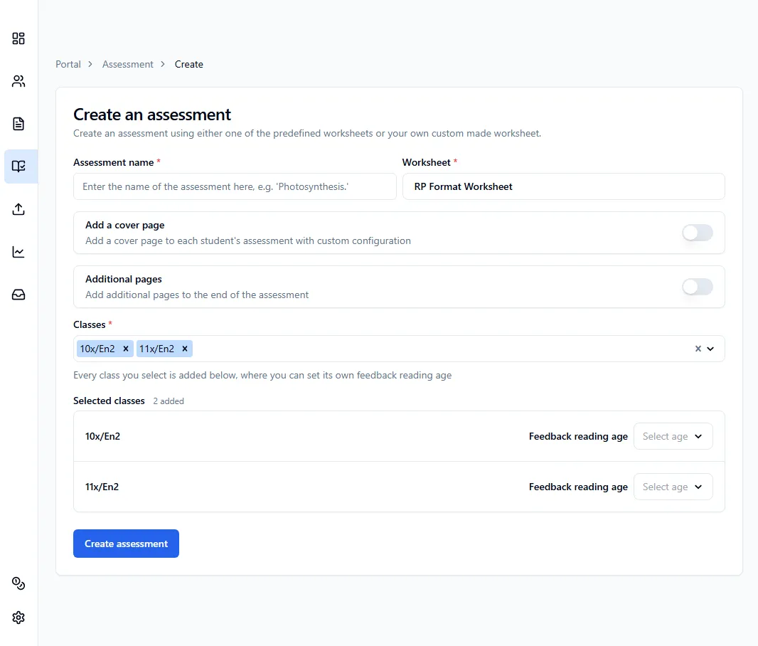 Create assessment page with RP format worksheet selected