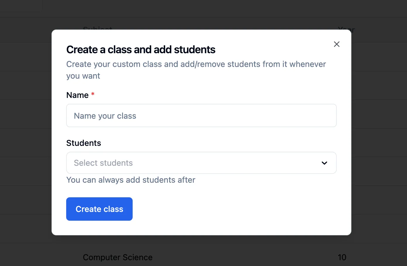 The Create a class and add students dialog