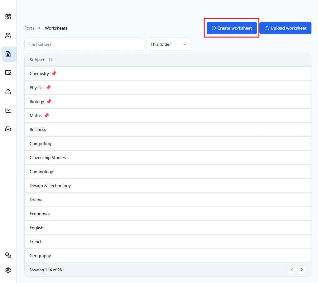 The worksheet section webpage highlighting the Create worksheet button