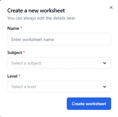 Input fields for creating a worksheet