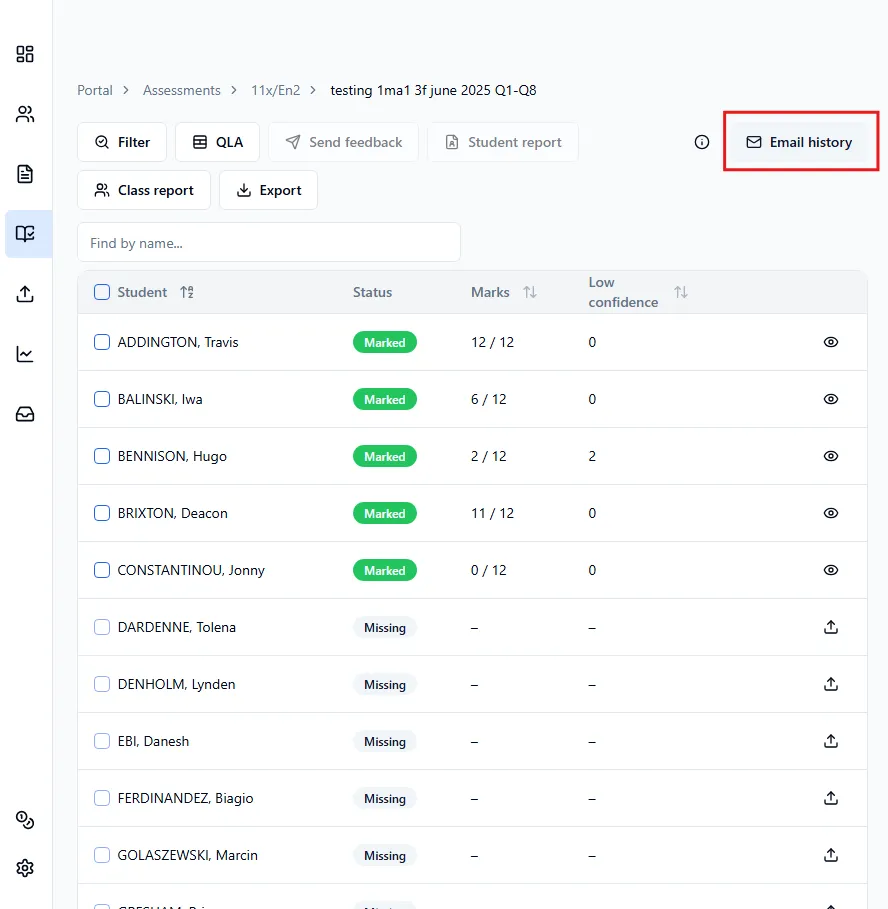 Submissions page highlighting the email history button