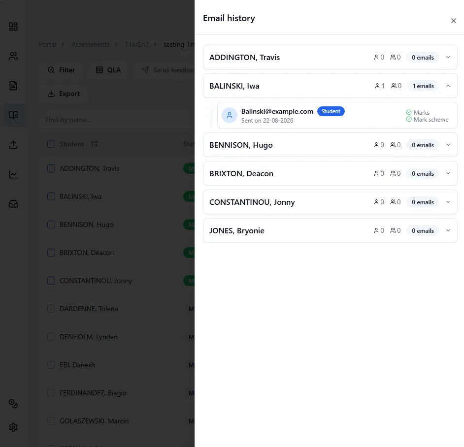 Email history panel open on the right side