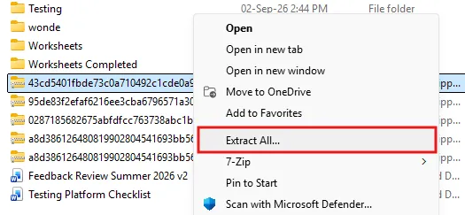 Right-click menu on a zip file with Extract All highlighted