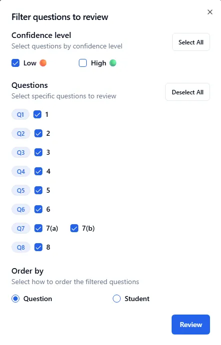 Filter by question to review window
