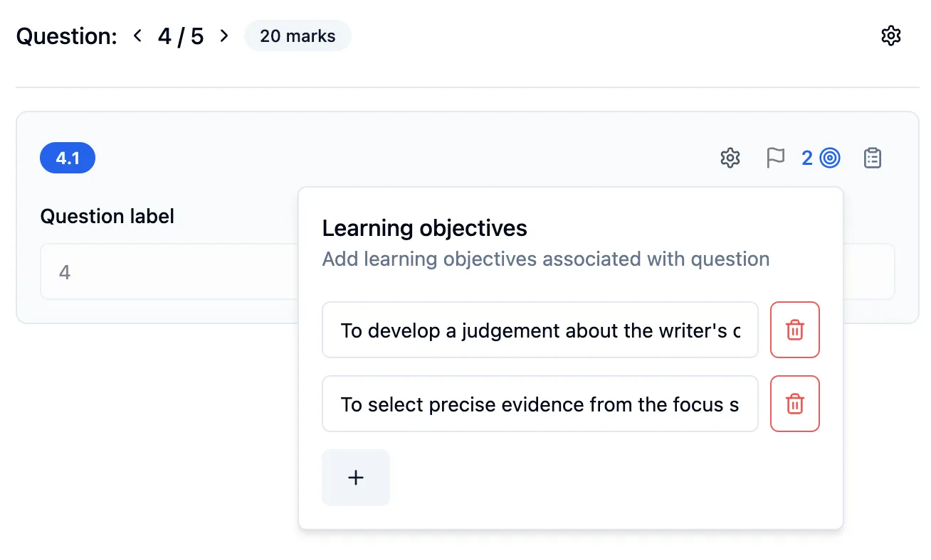 The Learning objectives panel with two objectives added