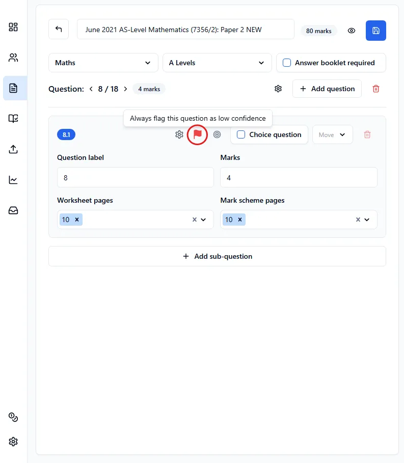 External worksheet page, highlighting the flag button