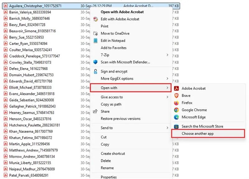 Right-click menu on a PDF with Open with and Choose another app highlighted