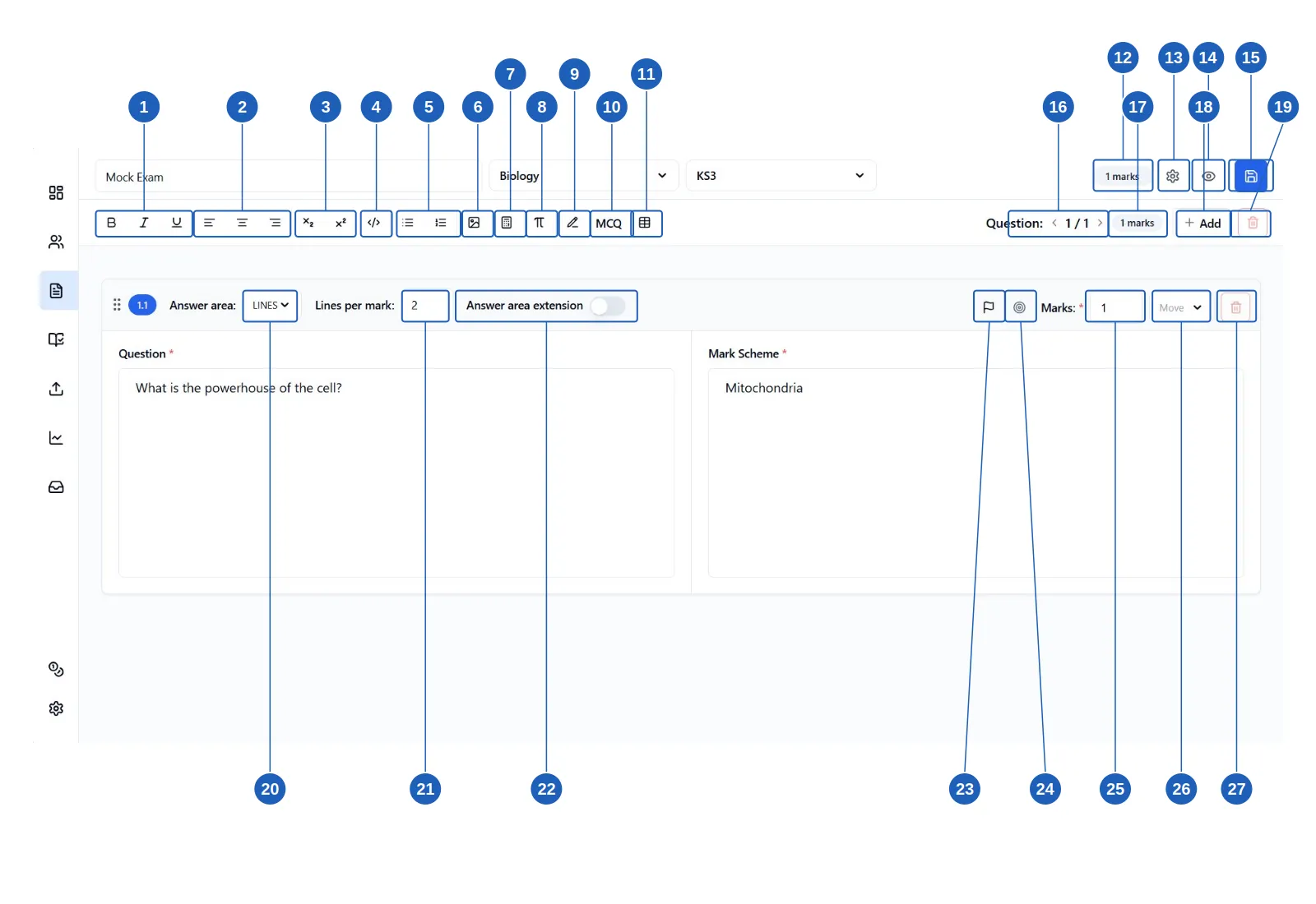 The worksheet builder page with all the tools annotated