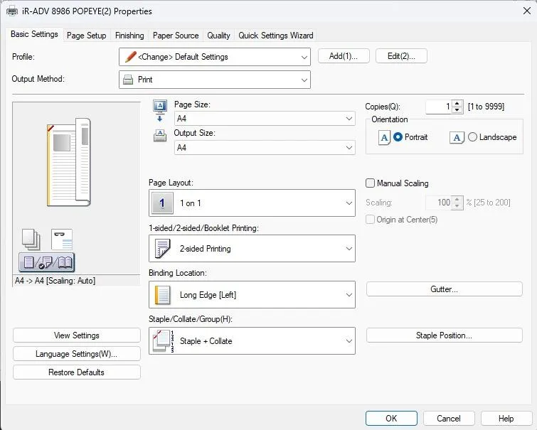 Printing preferences window with 2-sided printing and Staple + Collate selected