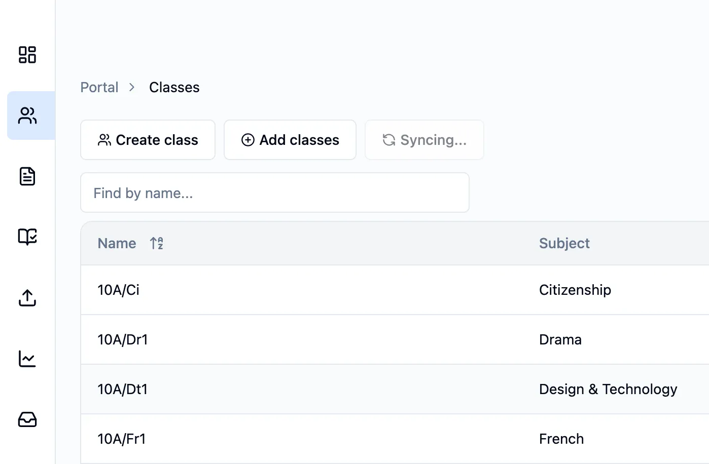 The Classes page with the Re-sync data button showing Syncing