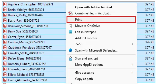 Fifteen student PDFs selected with Print highlighted in the right-click menu