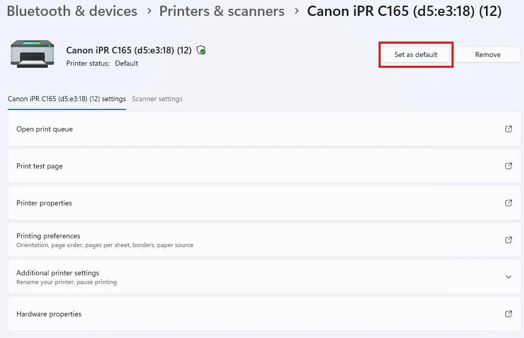 Printer settings page with Set as default highlighted