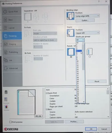 Kyocera Printing Preferences on the Finishing tab, with the Sheets per group list open under Staple