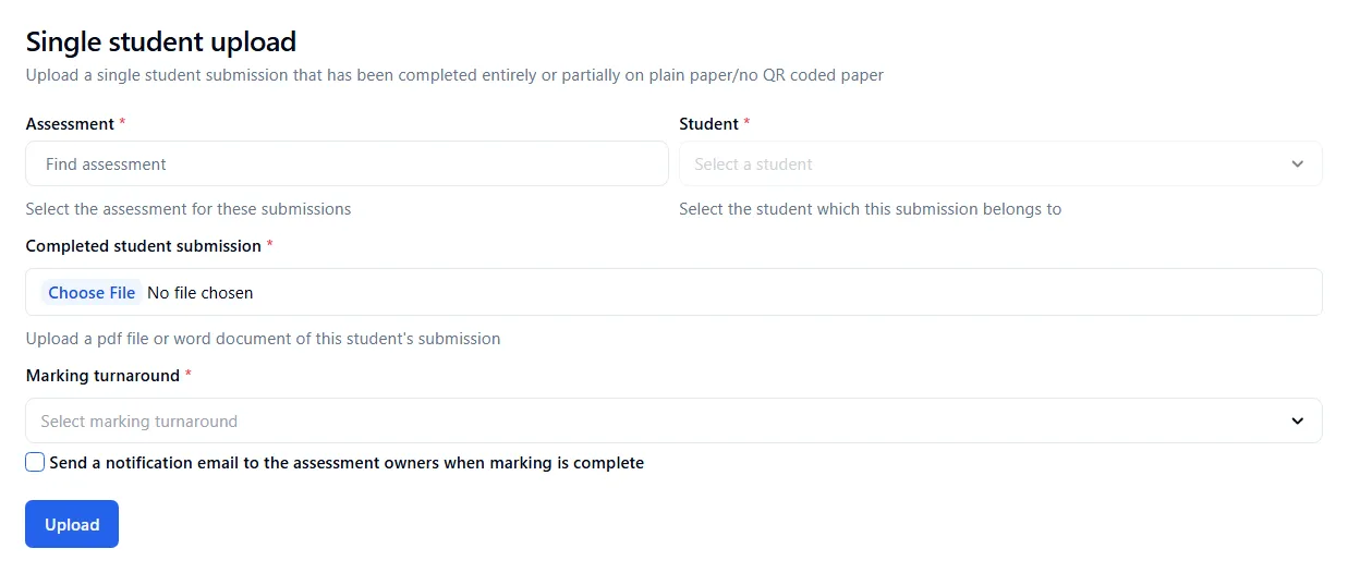 Single student upload page