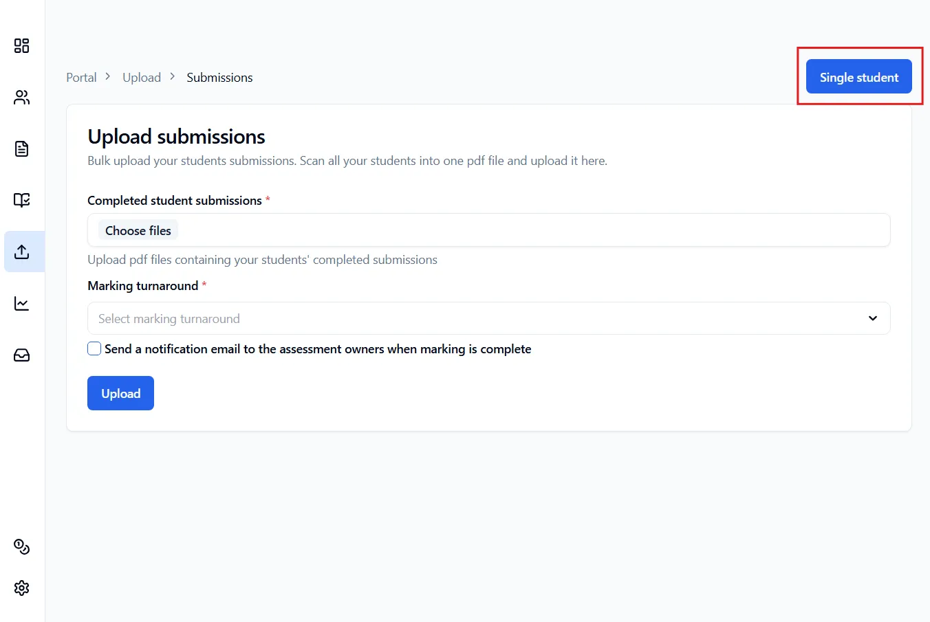 The Upload submissions page with the Single student button highlighted