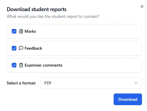 Student report window showing the available options for the report