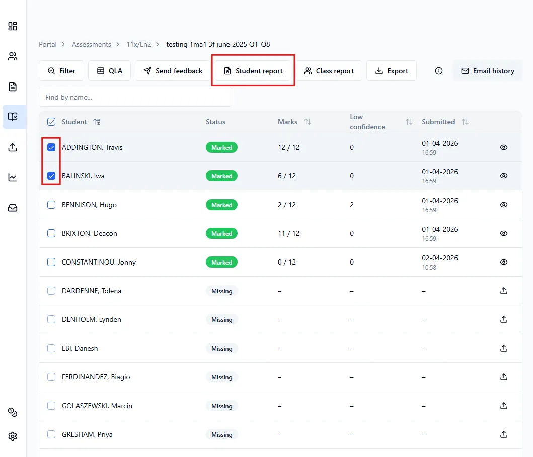 Submissions page with students selected, highlighting the student report button
