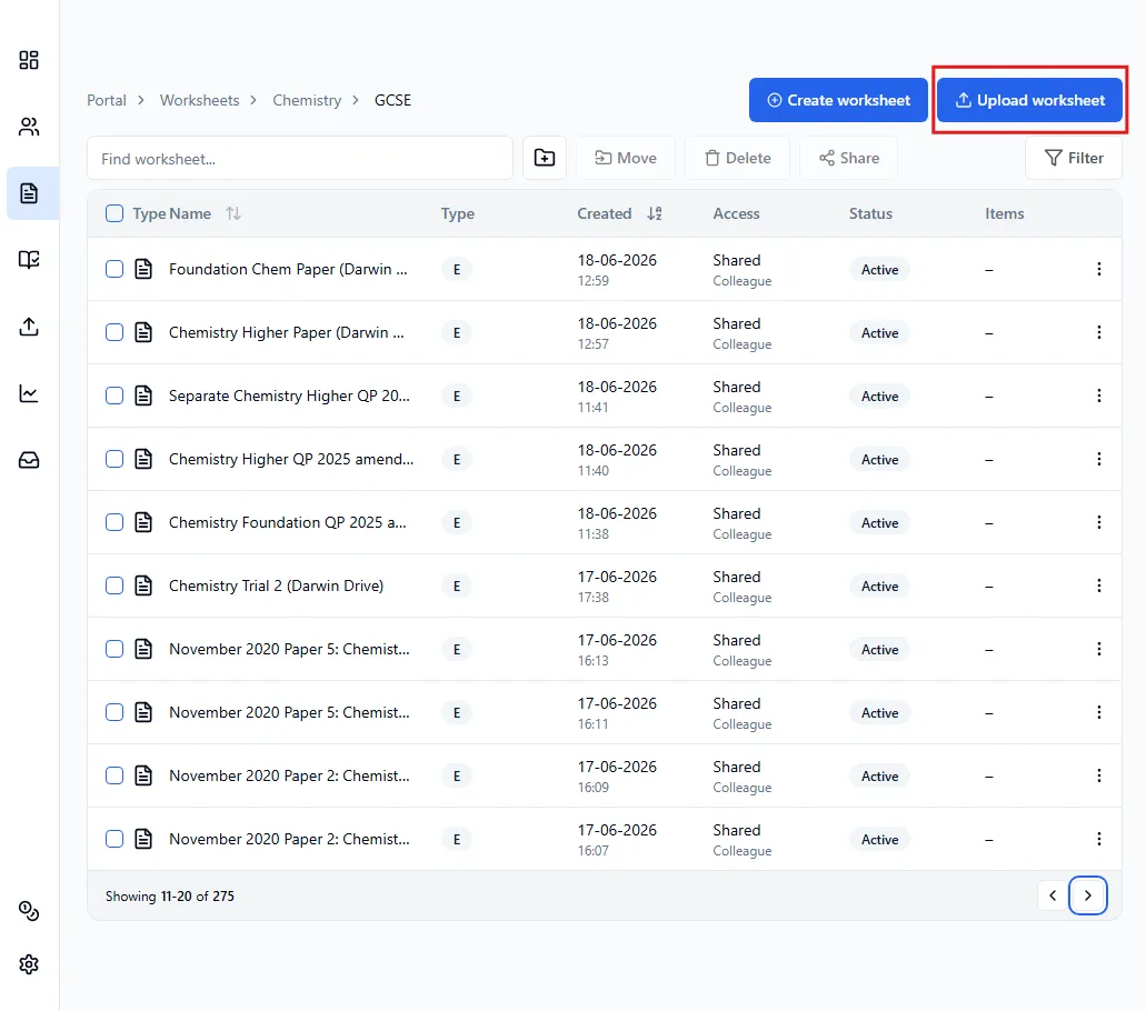 The worksheet section webpage highlighting the Upload worksheet button