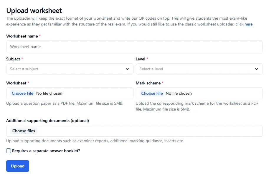 The Upload worksheet page with the input fields