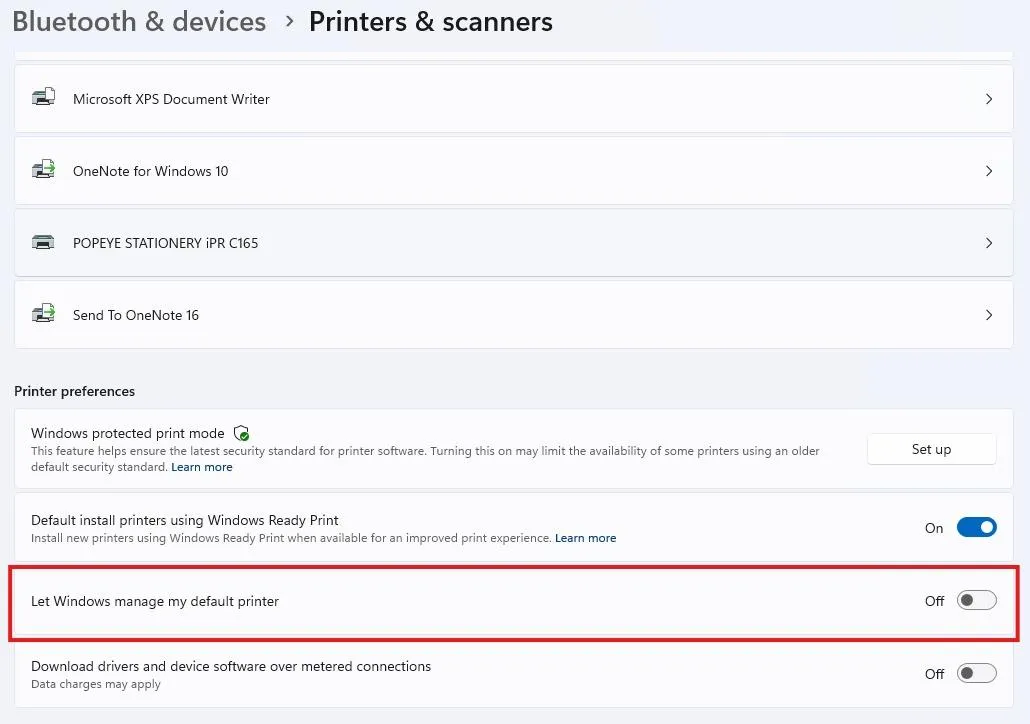 Printers & scanners settings with Let Windows manage my default printer turned off